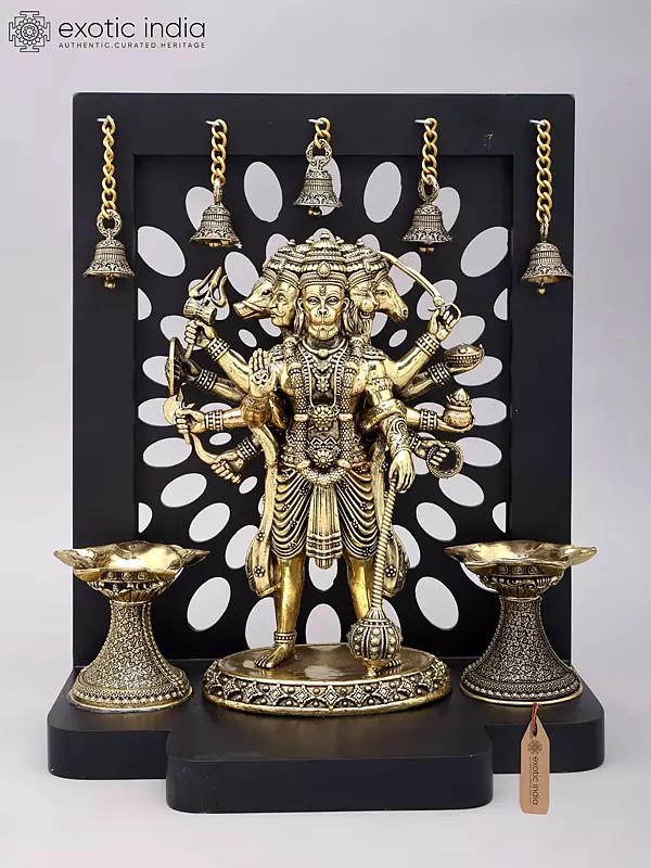 14" Standing Panchamukhi Lord Hanuman with Lamps and Bells | Brass Statue with Wood Frame