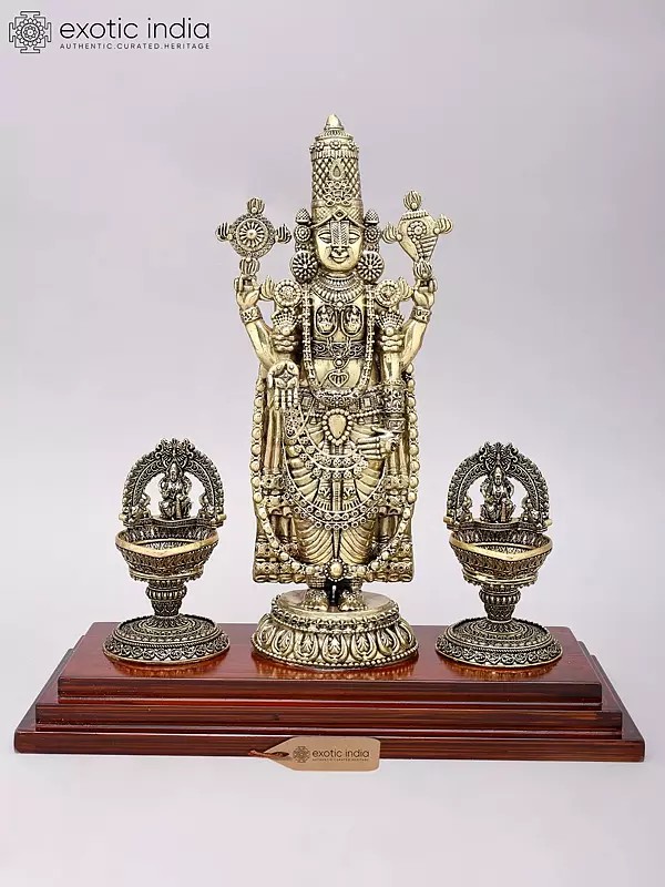 Lord Venkateshwara Brass Statue with Lakshmi Lamps, 13 Inch - Wood Base