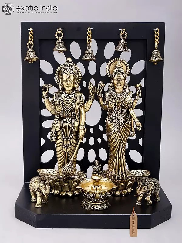 Superfine Brass Vishnu Lakshmi Statue: 14" with Lamps, Bells & Wood Base