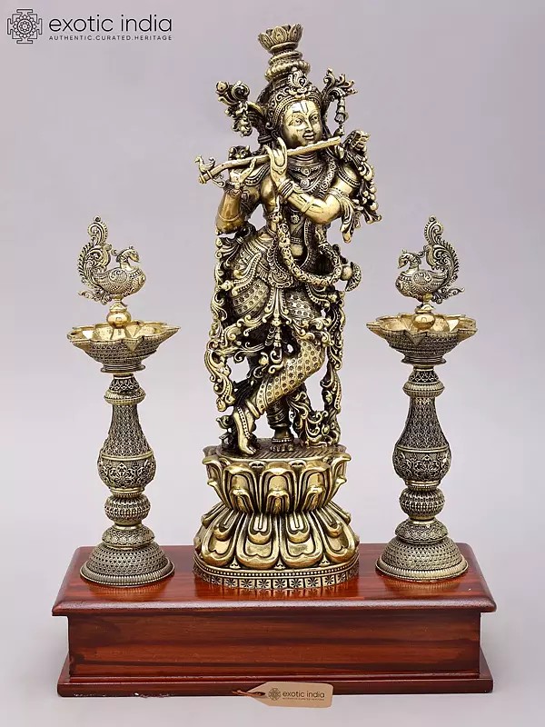 14" Superfine Bhagawan Shri Krishna Playing Flute with Peacock Lamps | Brass Statue on Wood Base