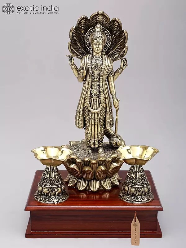 13" Lord Vishnu Statue with Sheshnag Canopy - Brass Sculpture on Wooden Stand