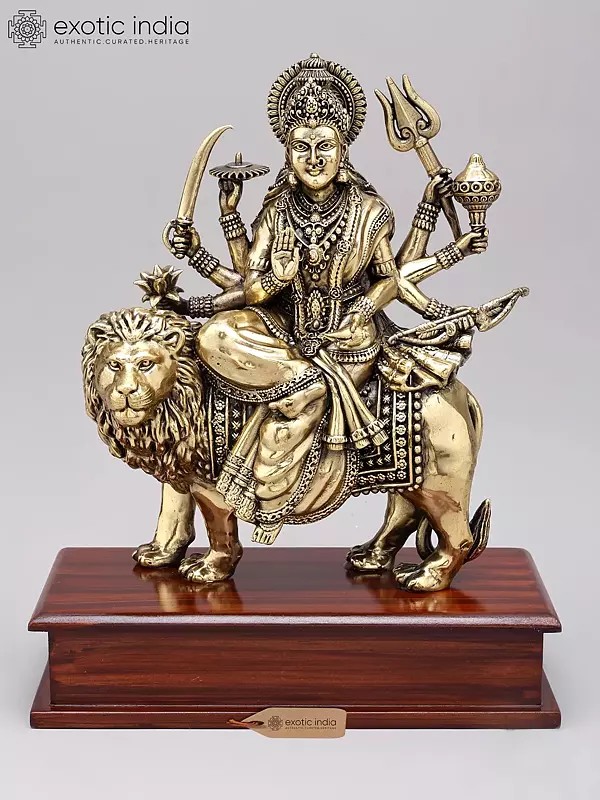 Superfine Eight Armed Durga (The Lion Goddess) - Brass Statue with Wood Base