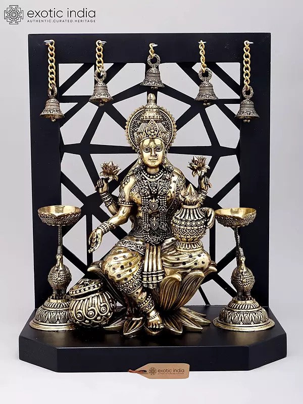 14" Goddess Lakshmi Statue with Wealth Pot & Wood Framed Bells