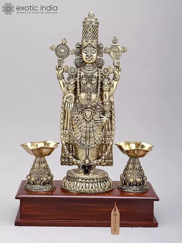 14" Superfine Tirupati Balaji (Venkateshvara) with Lamps | Brass Idol on Wood Base