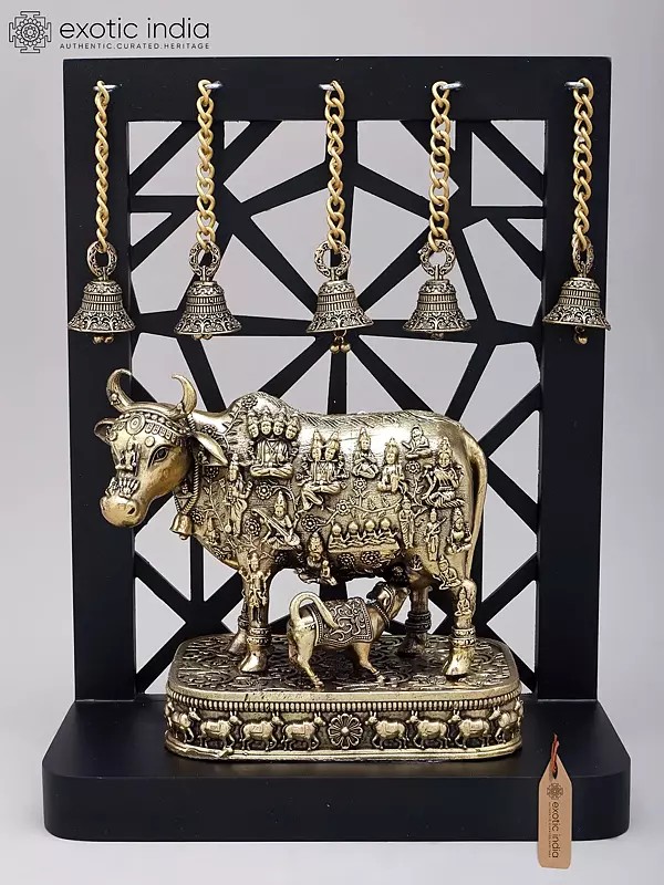 12" Superfine Vastu Cow and Calf with All Gods | Brass Statue with Designer Wood Frame