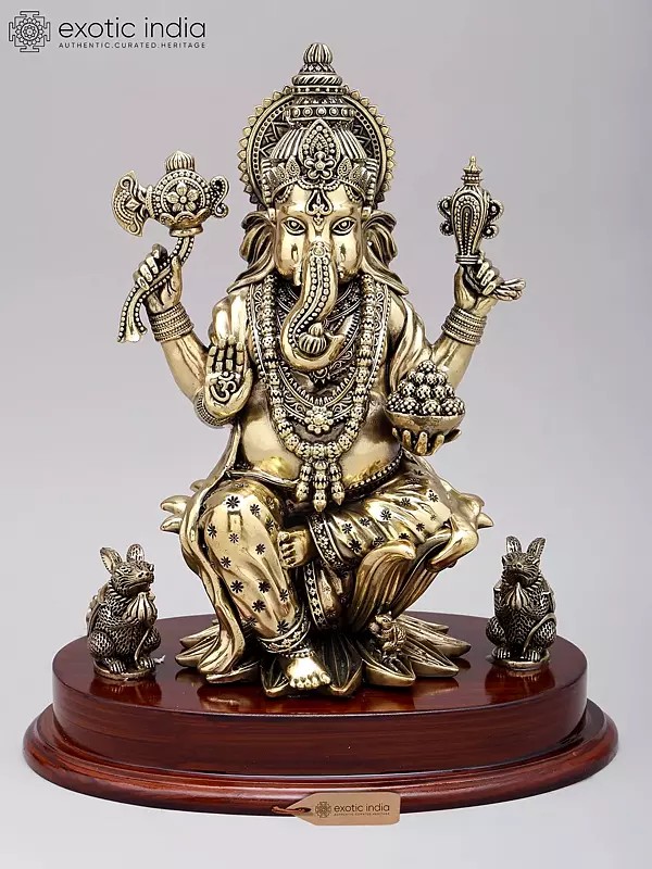 Superfine Brass Statue: 12" Four Armed Blessing Lord Ganesha on Wood Base