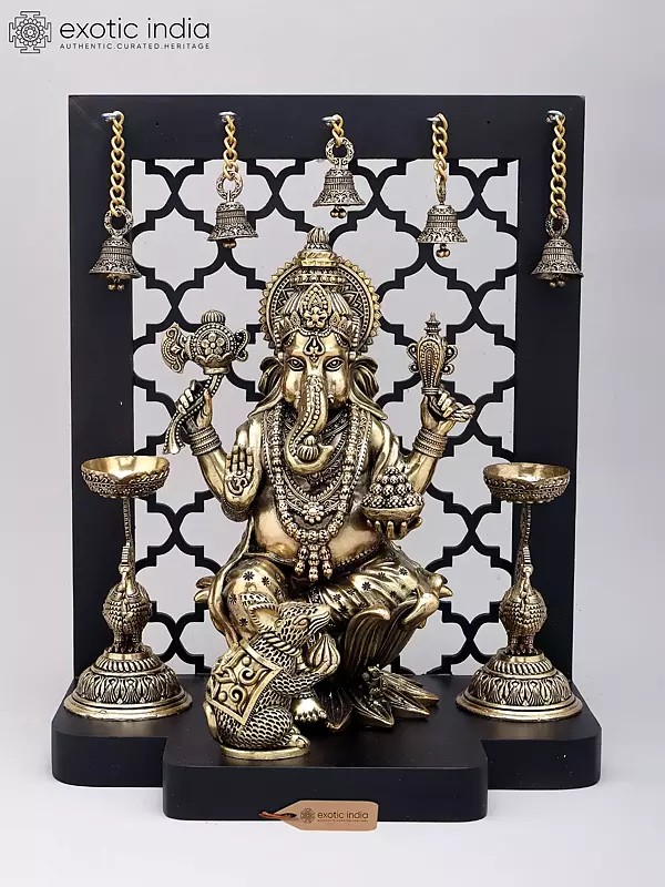 14" Four Armed Blessing Lord Ganesha with Peacock Lamps and Bells | Brass Statue with Designer Wood Frame
