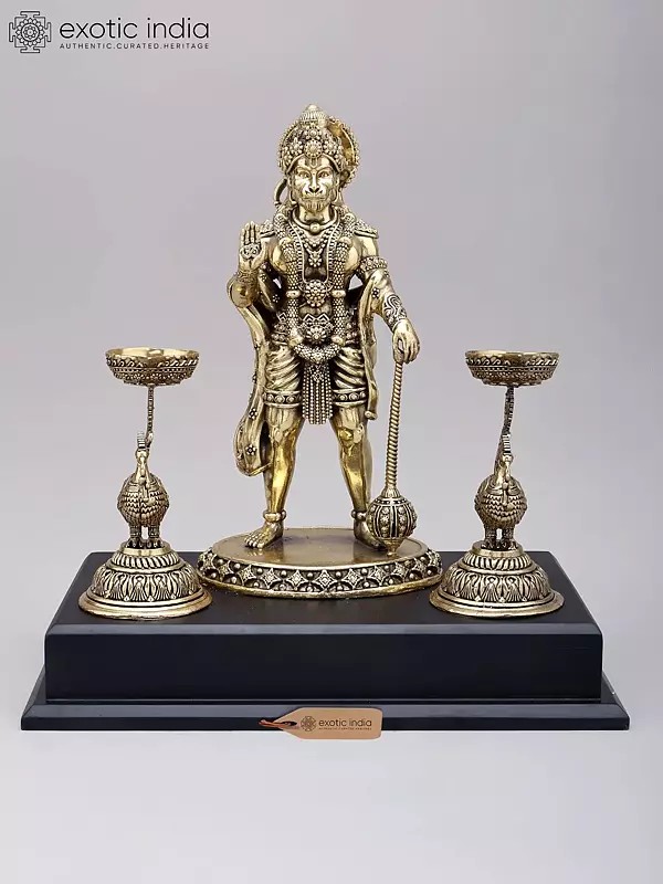 12" Standing Lord Hanuman in Blessing Gesture with Peacock Lamps | Brass Statue on Wood Base