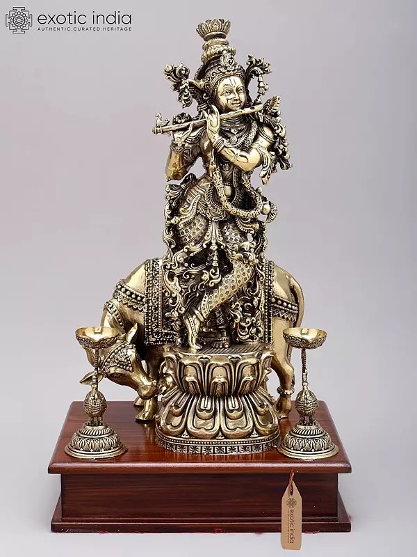 Superfine Brass Fluting Krishna Statue on Decorated Cow and Lotus Base
