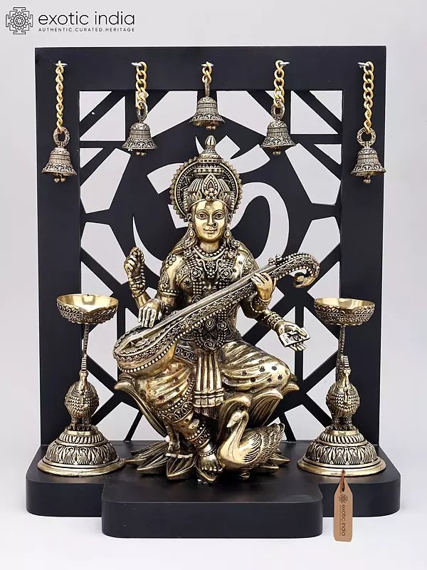 Brass Goddess Saraswati Statue with Om Design Wood Frame