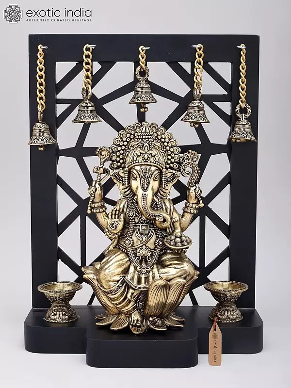12" Chaturbhuja Lord Ganesha with Lamps and Bells | Brass Statue on Wood Base