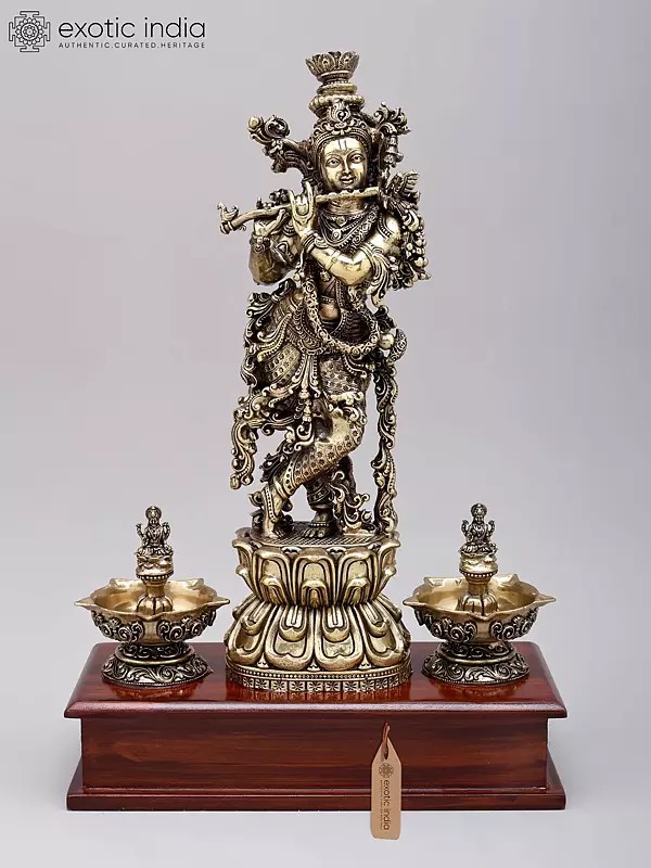 Superfine Fluting Lord Krishna with Peacock Lamps - 14" Brass Sculpture on Wood Base