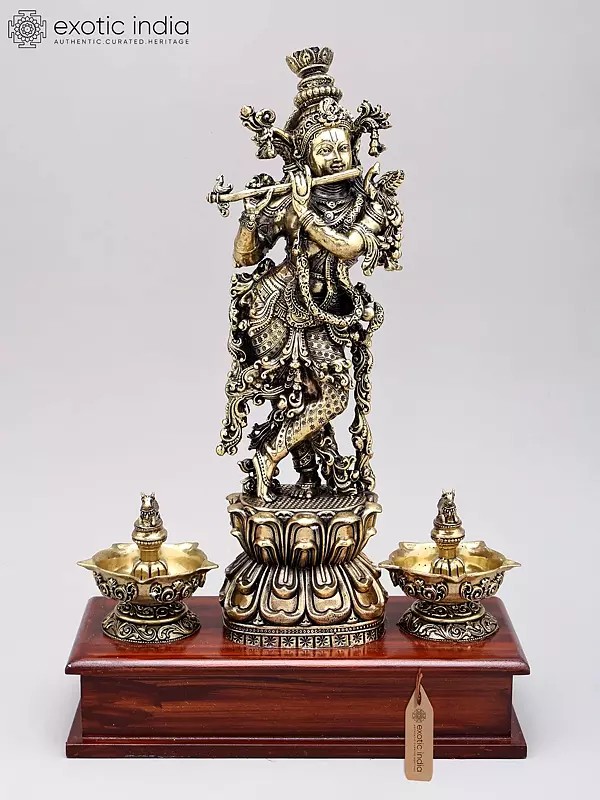 Brass Fluting Lord Krishna Statue with Nandi Lamps (14 Inch)