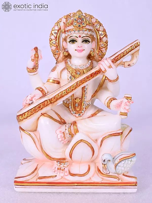 8" Four Armed Goddess Saraswati Marble Statue