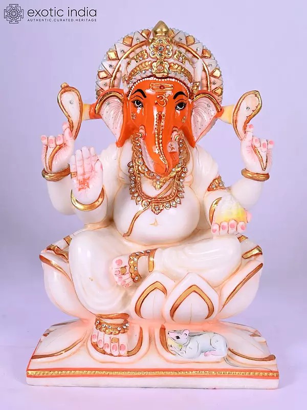 12" Lord Ganesha Seated on Lotus | Marble Statue