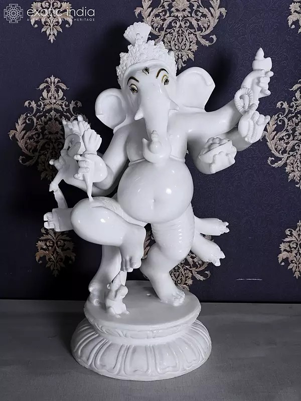 24" Six Armed Dancing Lord Ganesha White Marble Statue