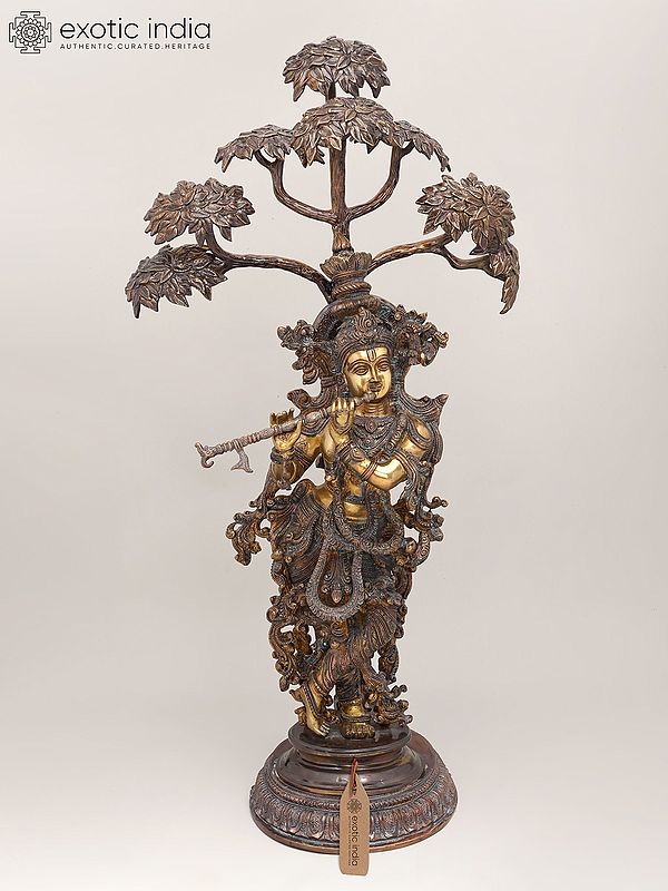 Brass Statue of Krishna Playing Flute Beside a Tree