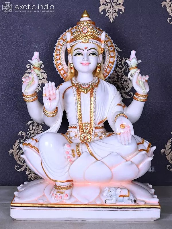 White Marble Lakshmi Statue, 23 Inches, Seated on Lotus Throne
