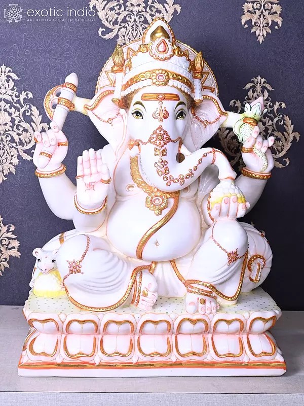 24" Lord Ganesha Seated on Throne Marble Statue