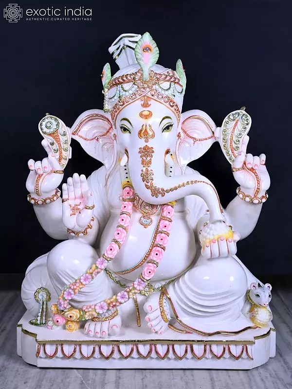 Large Marble Ganesha Statue with Four Arms in Blessing Pose
