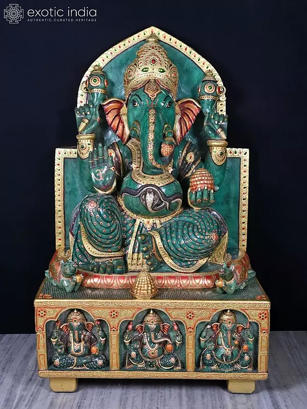 56" Four Armed Lord Ganesha Green Jade Statue