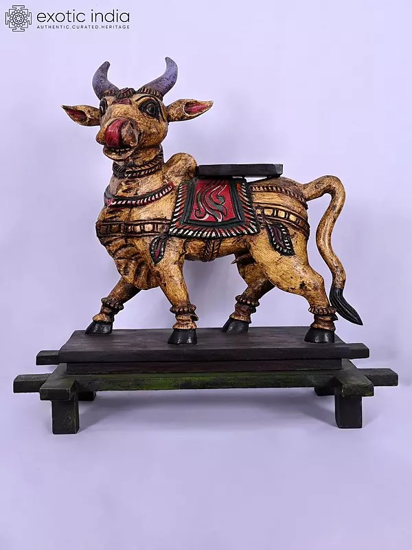 Carved Wooden Nandi Bull Statue - Lord Shiva's Mount