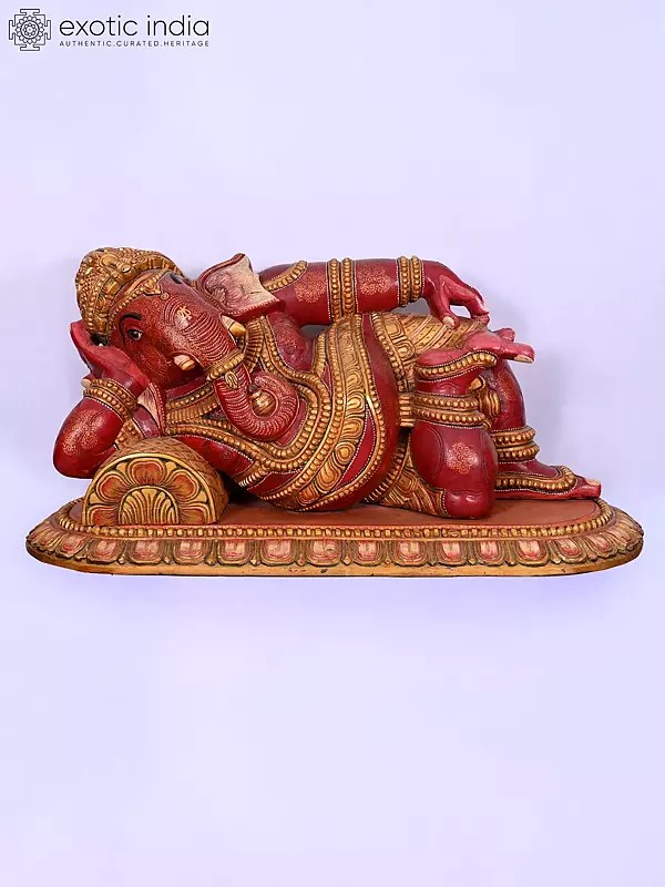 41" Resting Lord Ganesha Wooden Statue