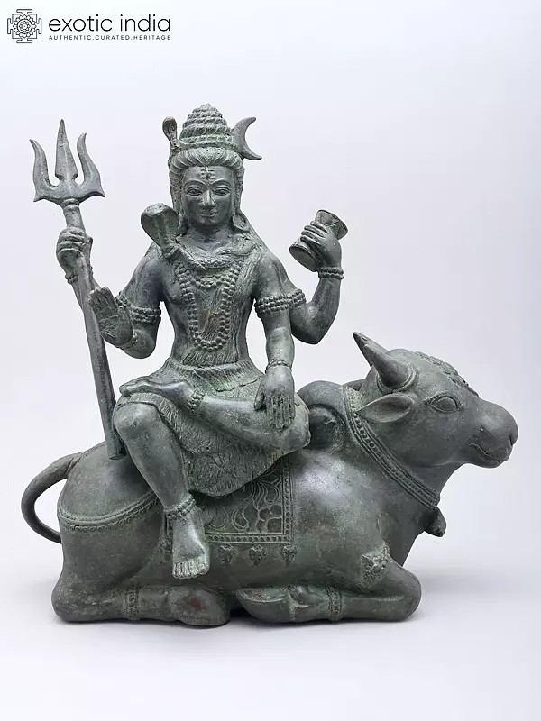 Lord Shiva Seated on Nandi - 15 Inch Brass Sculpture