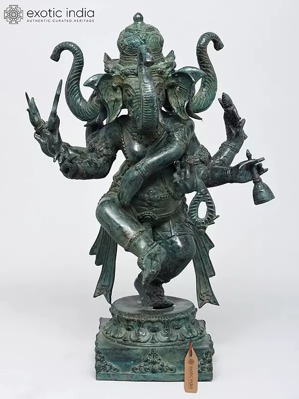 19" Three Headed Dancing Lord Ganesha Brass Statue