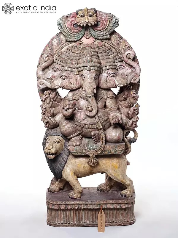 Large Heramba Ganapati Statue: Five-Faced Ganesha Seated on Lion Mount