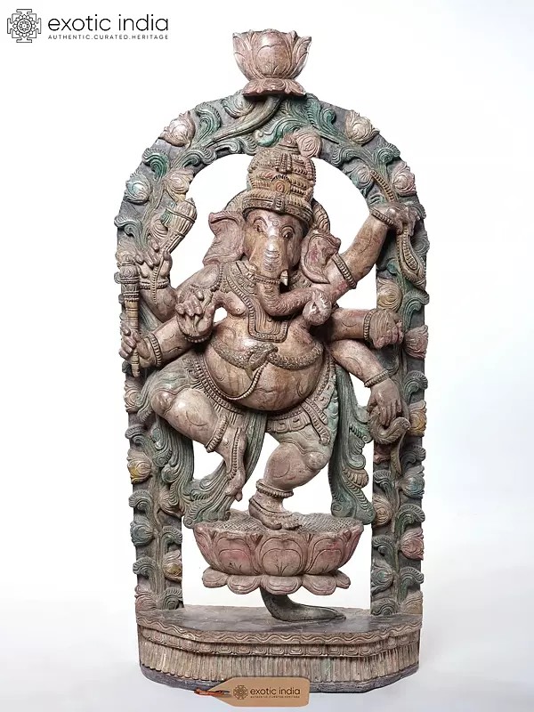 Dancing Ganesha Wood Carving with Decorative Arch