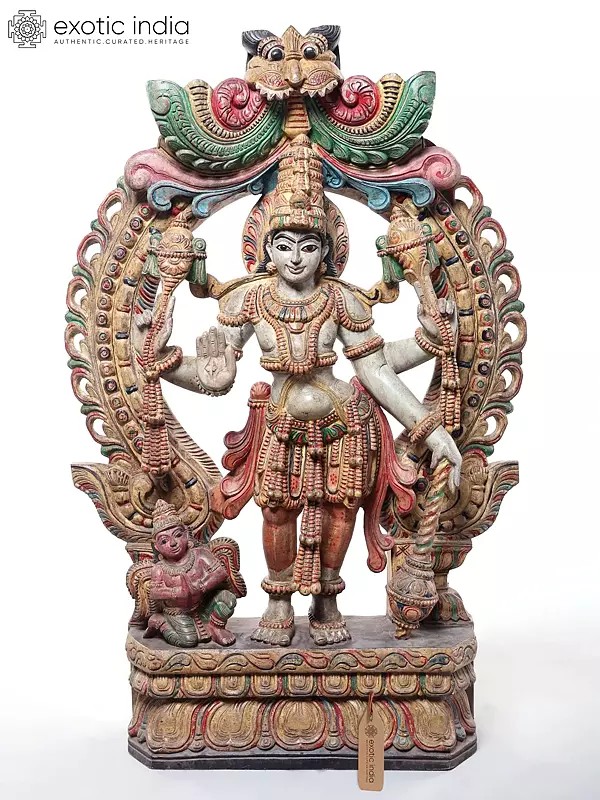 36" Lord Vishnu Standing Sculpture with Conch and Discus - Hand-Carved Wood