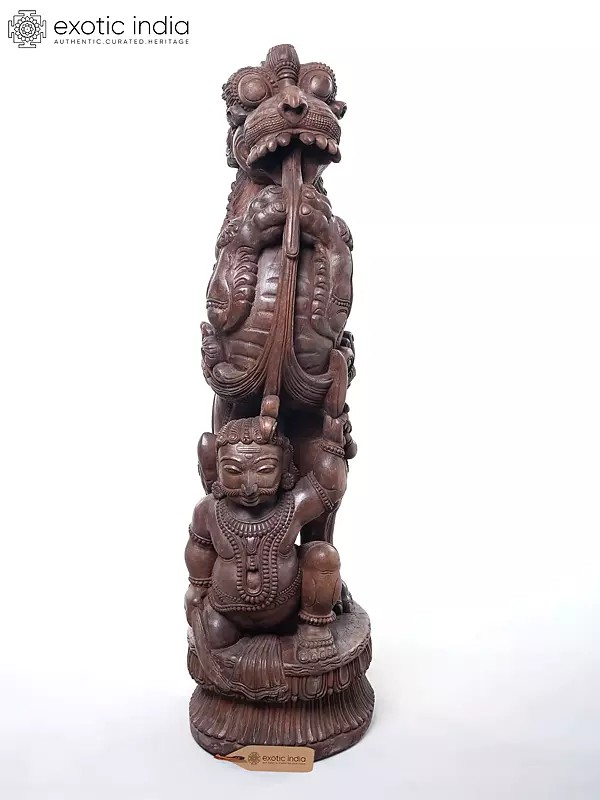 Handcarved Wooden Sculpture: Temple Guardian Yali and Attendant