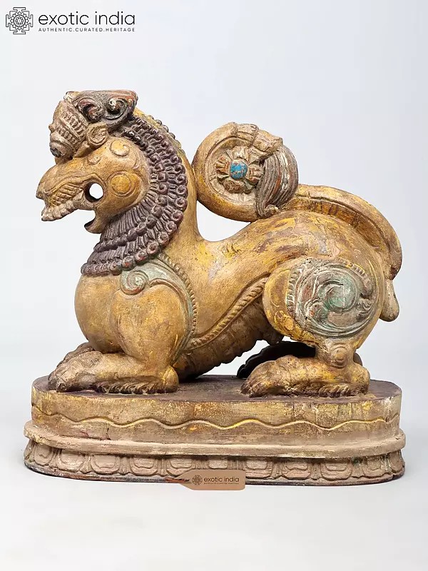 Guardian Lion (Yali) Wood Sculpture, 14 Inch Hand-Carved