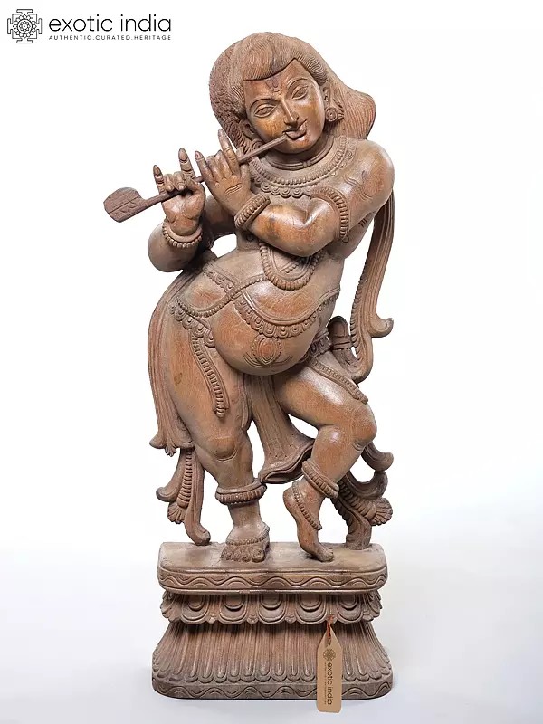 Krishna With Flute In Wood