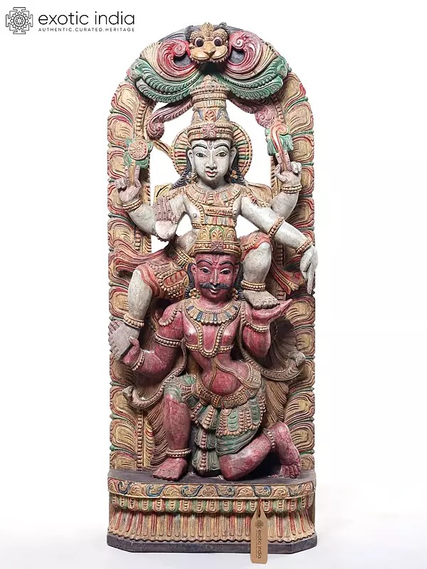 36" Large Lord Vishnu Seated on Garuda | Wood Carved Statue