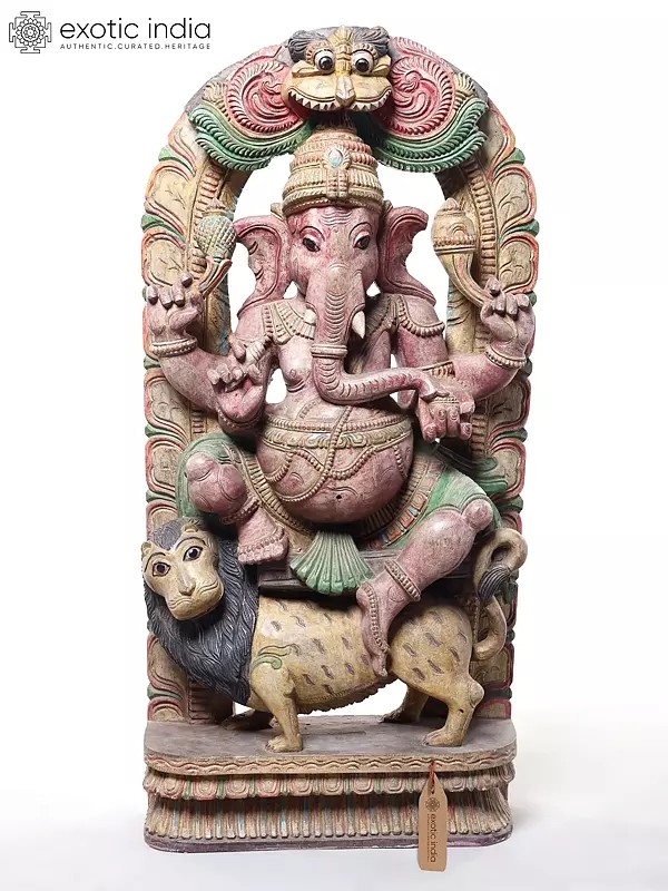 Large Wood Sculpture of Ganesha Seated on Lion with Decorative Arch