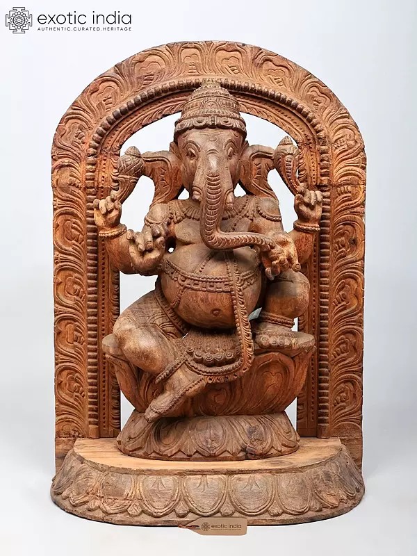 Large Wood Carving: Four Armed Ganesha Seated on Lotus