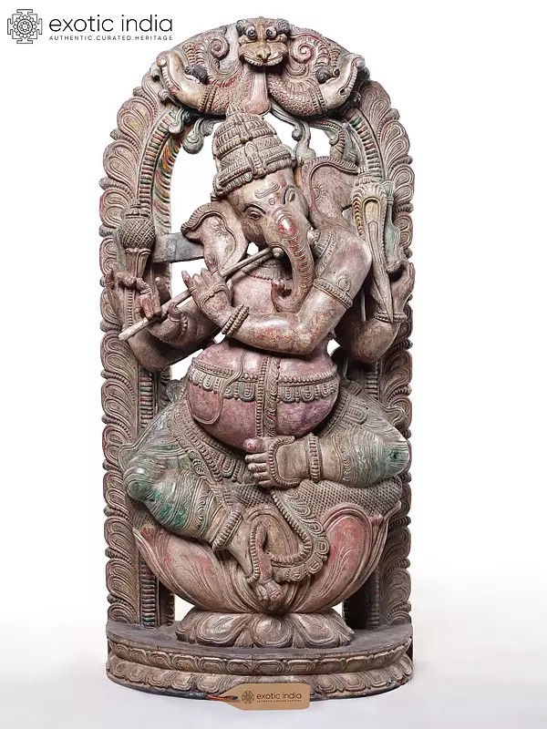 36" Ganesha Playing Flute Wood Statue