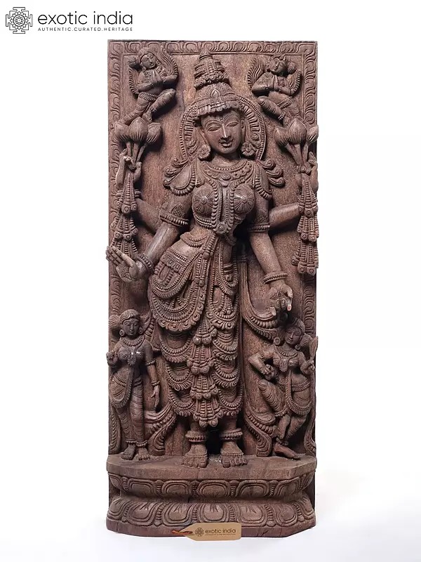 34" Standing Goddess Lakshmi with Celestial Attendants Wooden Statue