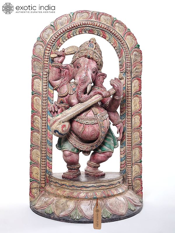 Ganesha Statue Playing Veena in Wood