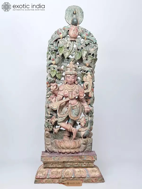 51" Goddess Saraswati Playing Veena Wooden Statue with Swan (Vahana)