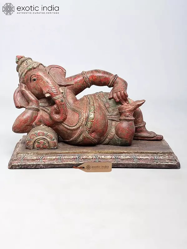 Lord Ganesha Wood Sculpture - 17 Inch Relaxing Pose