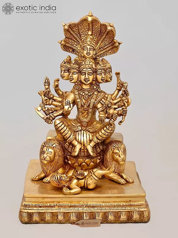 12" Multi-Faced, Multi-Armed Goddess Durga Seated on Lions - Brass Divine Sculpture