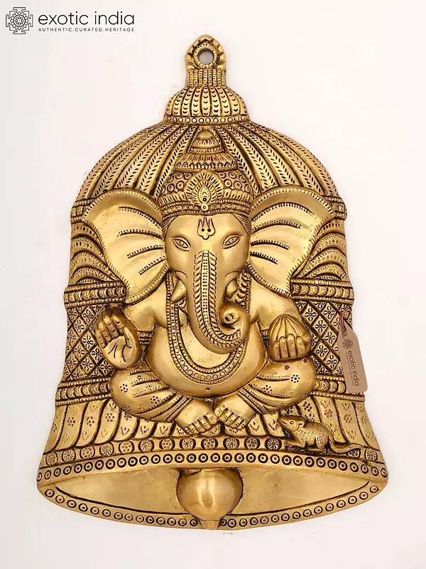 Brass Ganesha Bell Wall Hanging Sculpture - 15 Inches