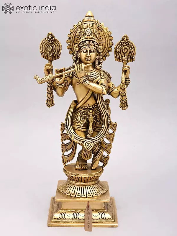 Brass Statue: 14" Four Armed Venugopal Krishna with Flute