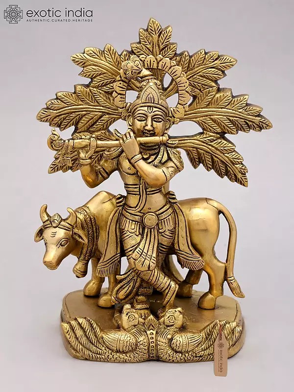 9" Cow Krishna Playing Flute Under The Tree | Brass Statue