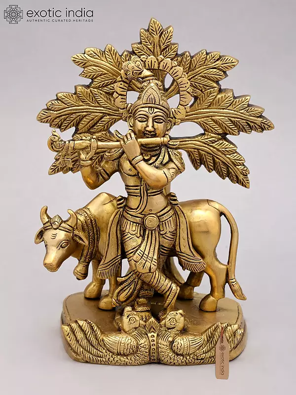 9" Cow Krishna Playing Flute Under The Tree | Brass Statue