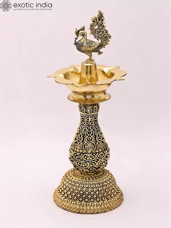 8" Fully Carved Superfine Peacock Lamp in Brass