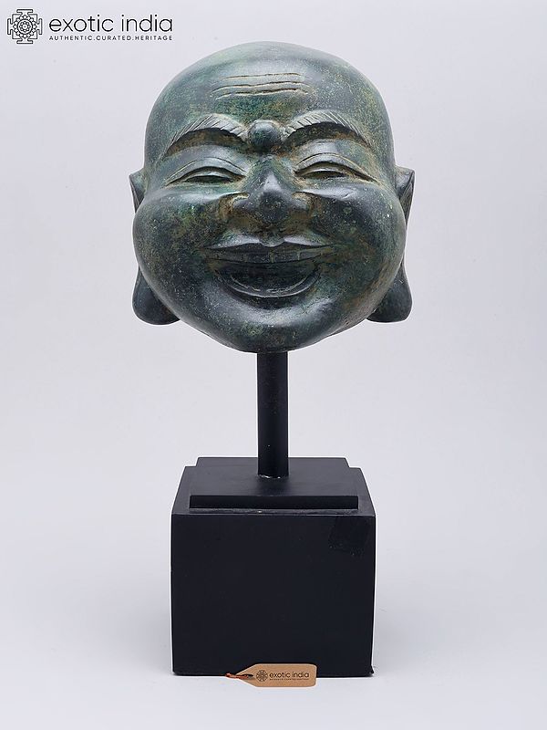 15" Laughing Buddha Head Sculpture on Wood Base